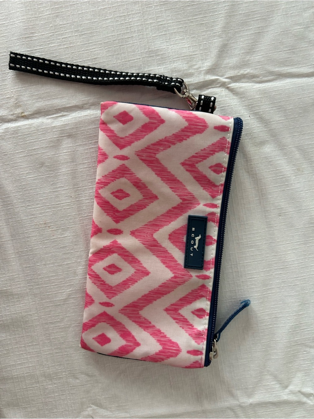 Scout Pink & White Geometric Wristlet Pouch with Navy Trim